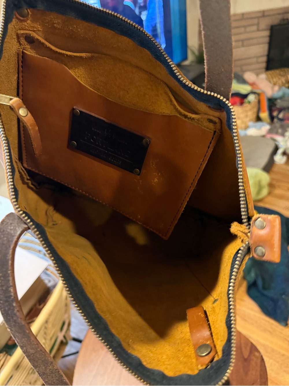 As Is Portland Leather Cognac Brown Leather Tote with Dark Brown Handles - Picture 5 of 6